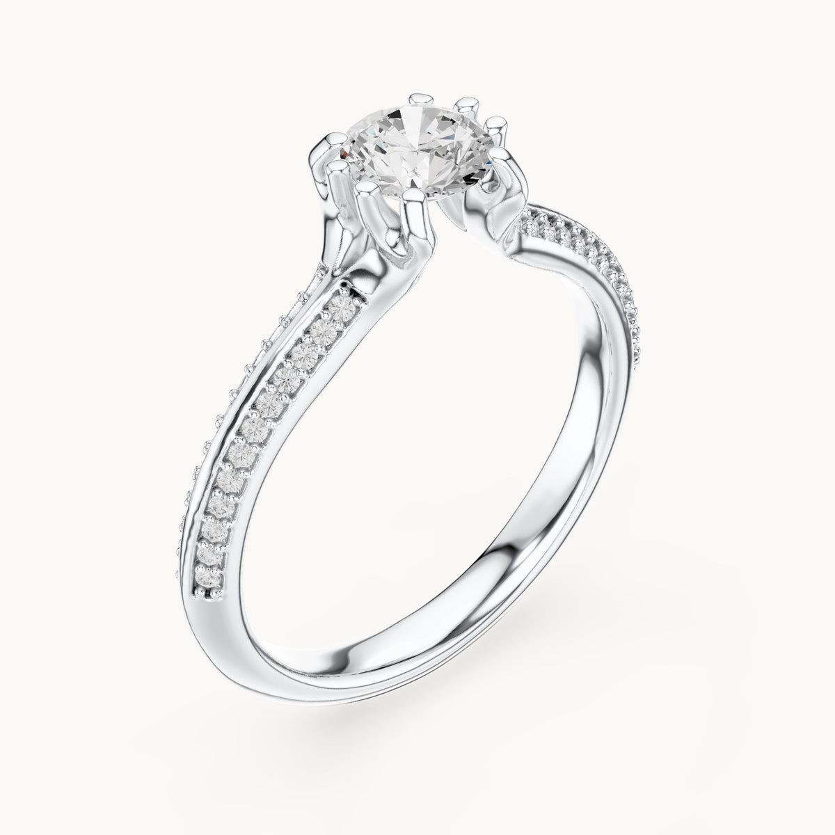 Round lab-grown diamond eight-prong solitaire engagement ring with pavé band in white gold, 0.80 CT TW, view 2