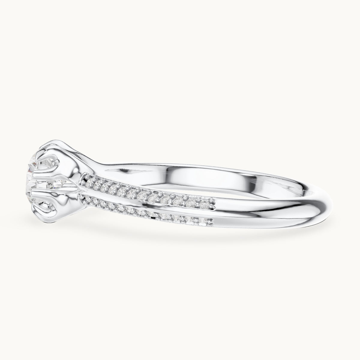 Round lab-grown diamond eight-prong solitaire engagement ring with pavé band in white gold, 0.80 CT TW, view 3