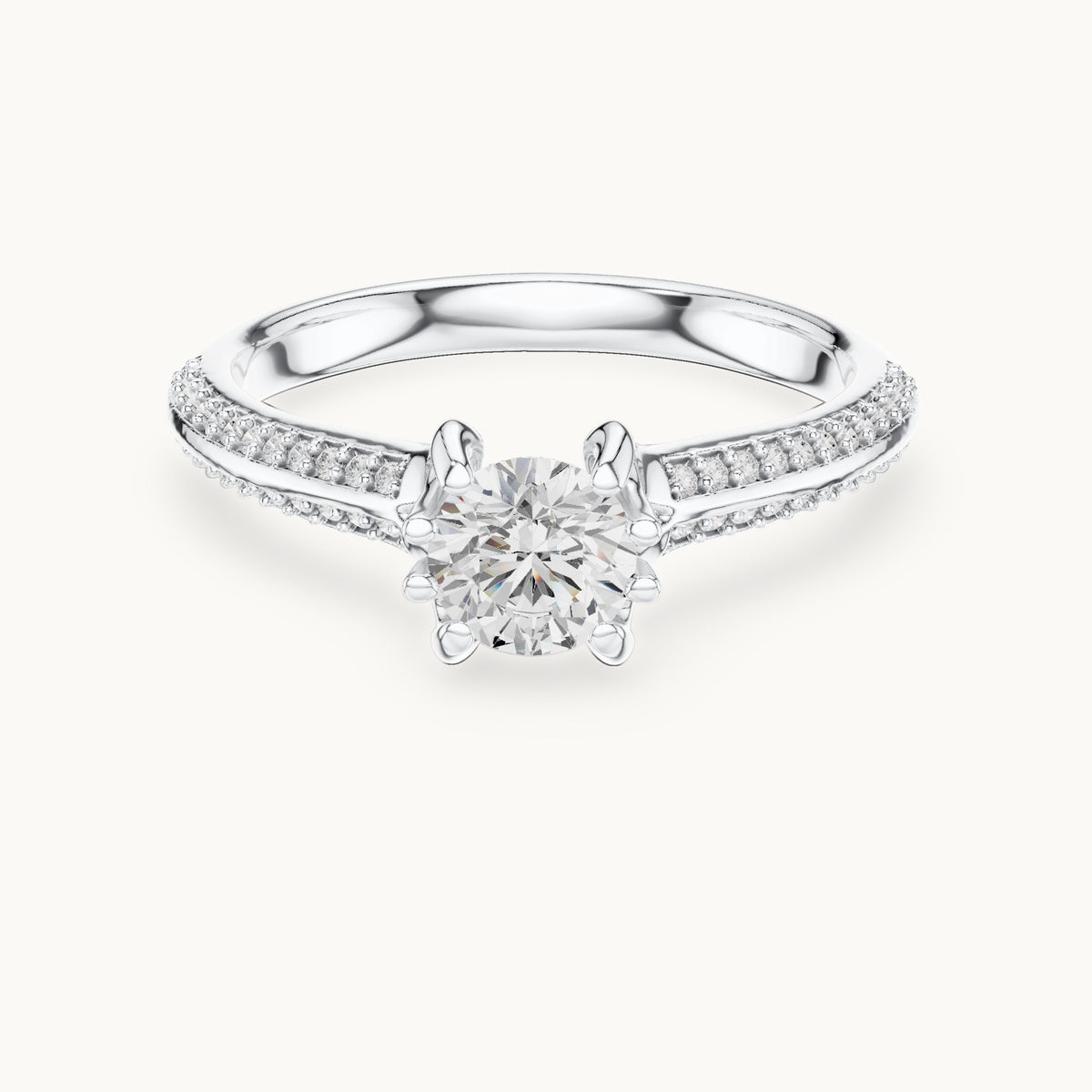 Round lab-grown diamond eight-prong solitaire engagement ring with pavé band in white gold, 0.80 CT TW, view 4