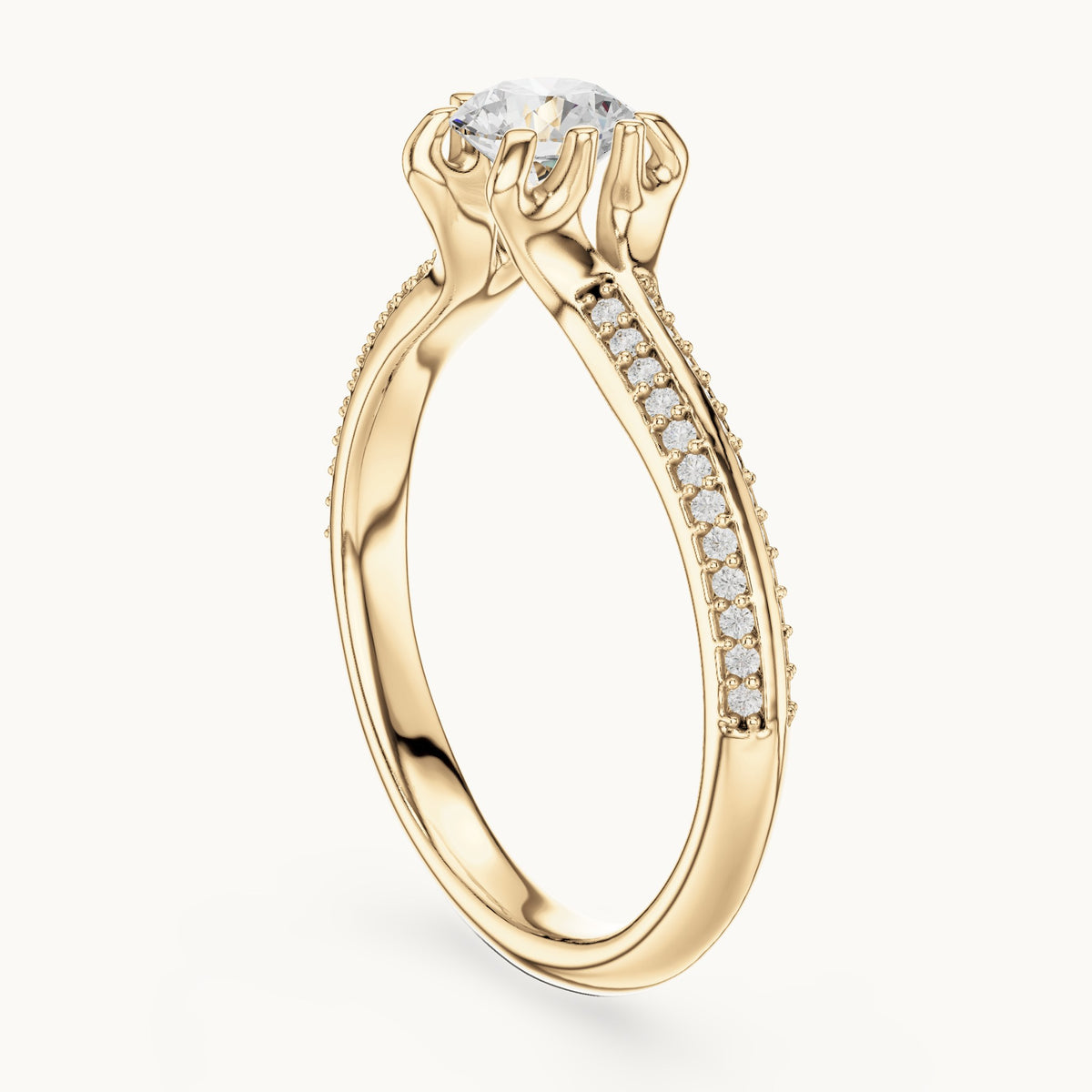 Round lab-grown diamond eight-prong solitaire engagement ring with pavé band in yellow gold, 0.80 CT TW, view 1