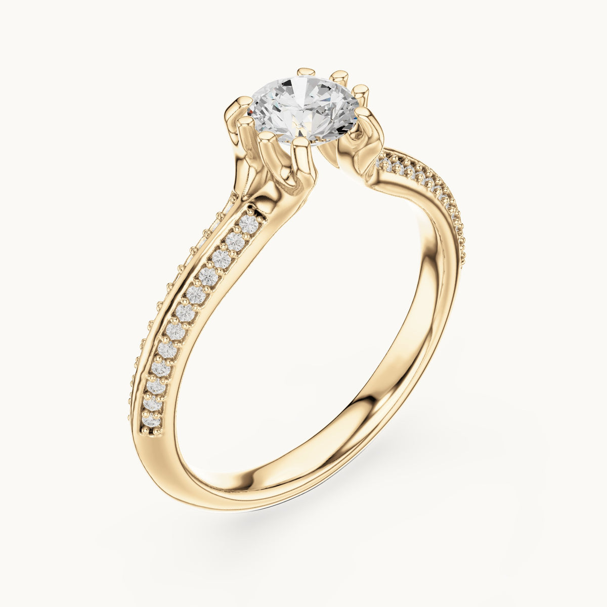 Round lab-grown diamond eight-prong solitaire engagement ring with pavé band in yellow gold, 0.80 CT TW, view 2