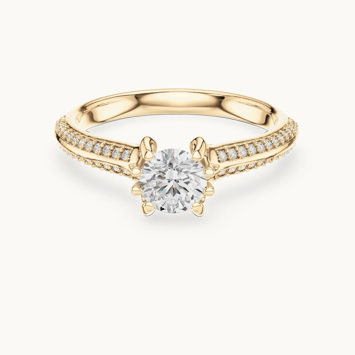 Round lab-grown diamond eight-prong solitaire engagement ring with pavé band in yellow gold, 0.80 CT TW, view 4