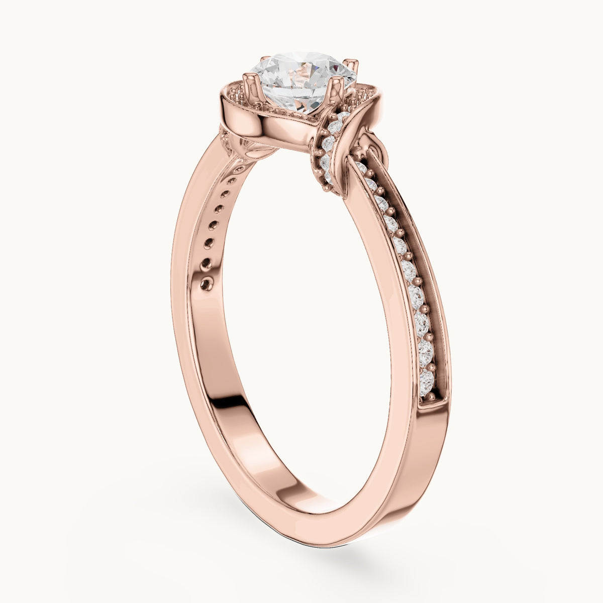 Round lab-grown diamond swirl halo engagement ring in rose gold, 0.83 CT TW, view 1