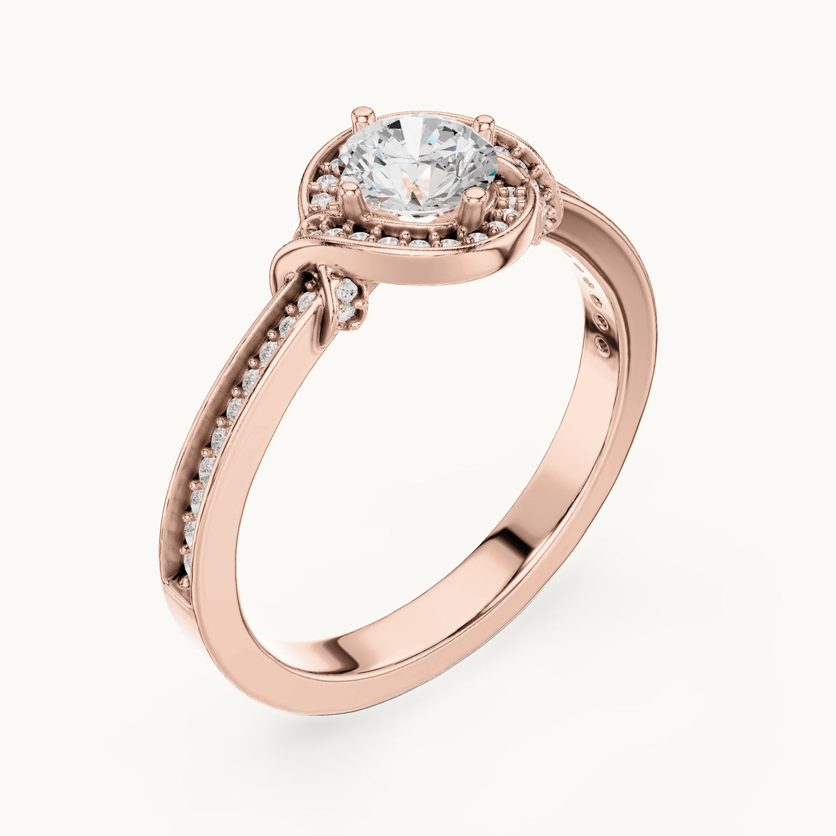 Round lab-grown diamond swirl halo engagement ring in rose gold, 0.83 CT TW, view 2