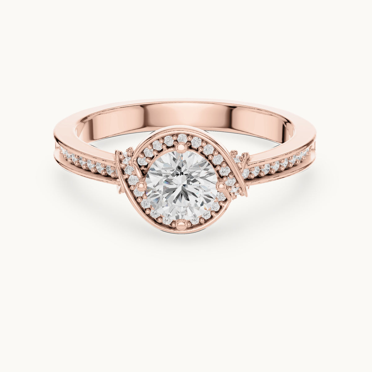Round lab-grown diamond swirl halo engagement ring in rose gold, 0.83 CT TW, view 4