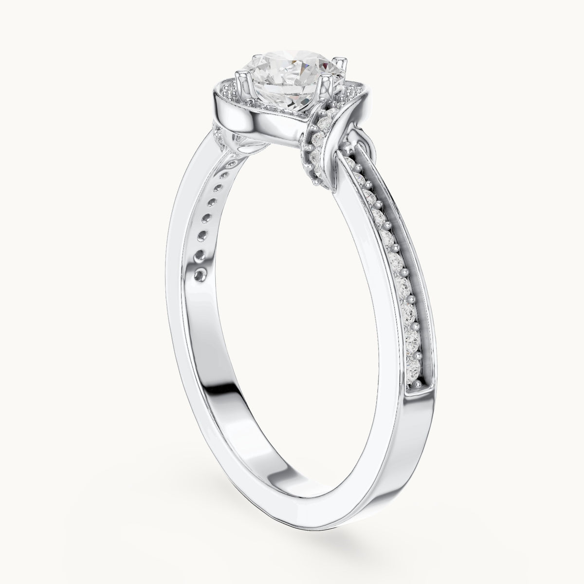 Round lab-grown diamond swirl halo engagement ring in white gold, 0.83 CT TW, view 1