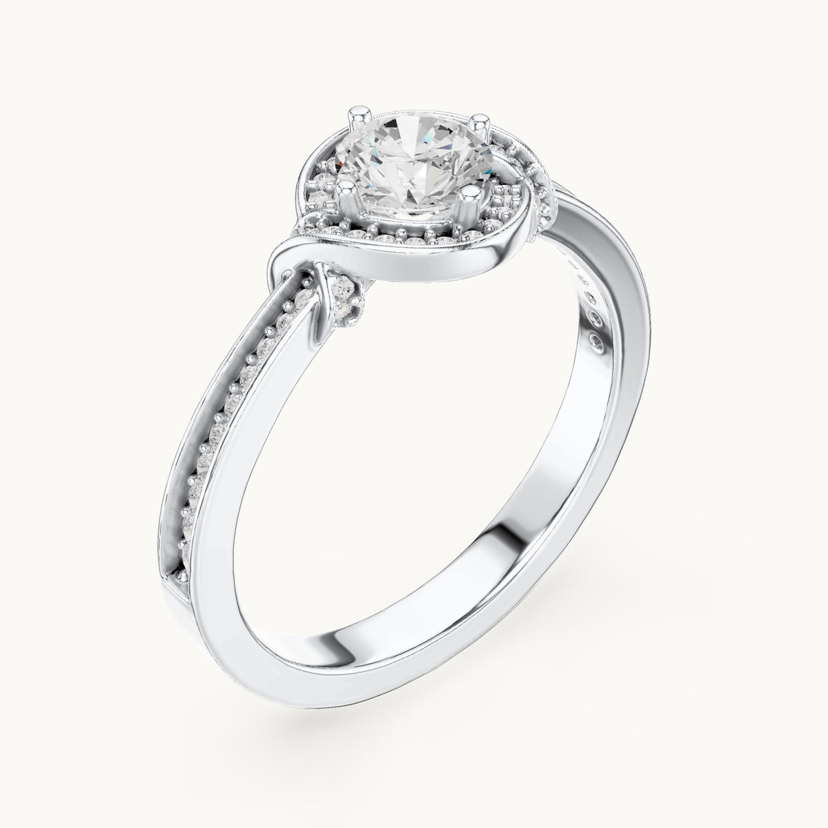Round lab-grown diamond swirl halo engagement ring in white gold, 0.83 CT TW, view 2