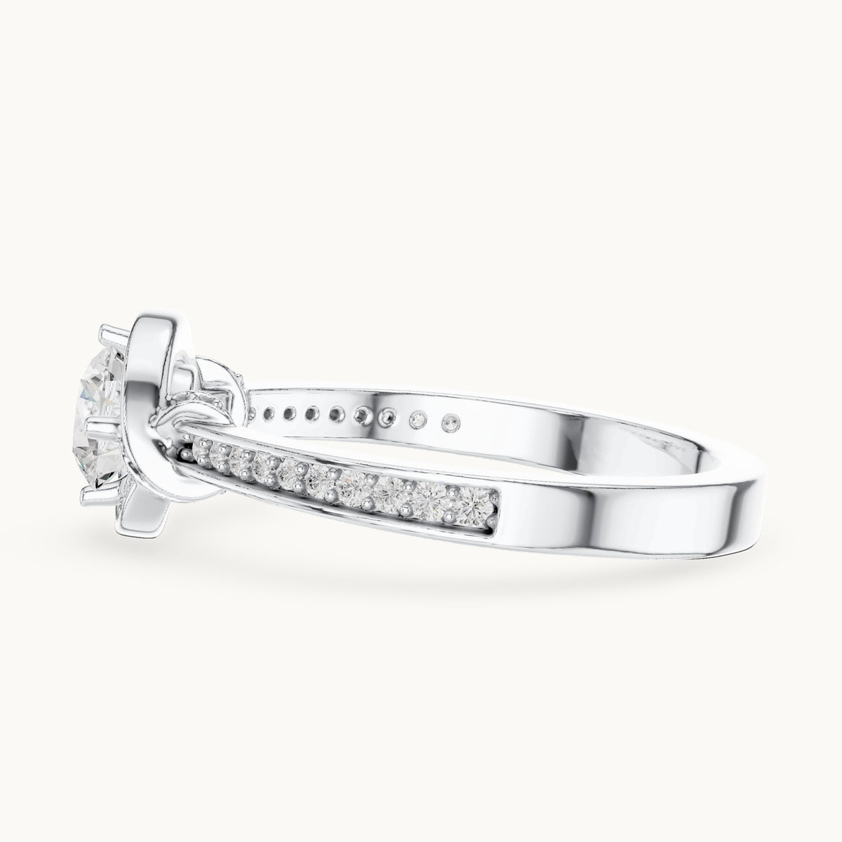 Round lab-grown diamond swirl halo engagement ring in white gold, 0.83 CT TW, view 3