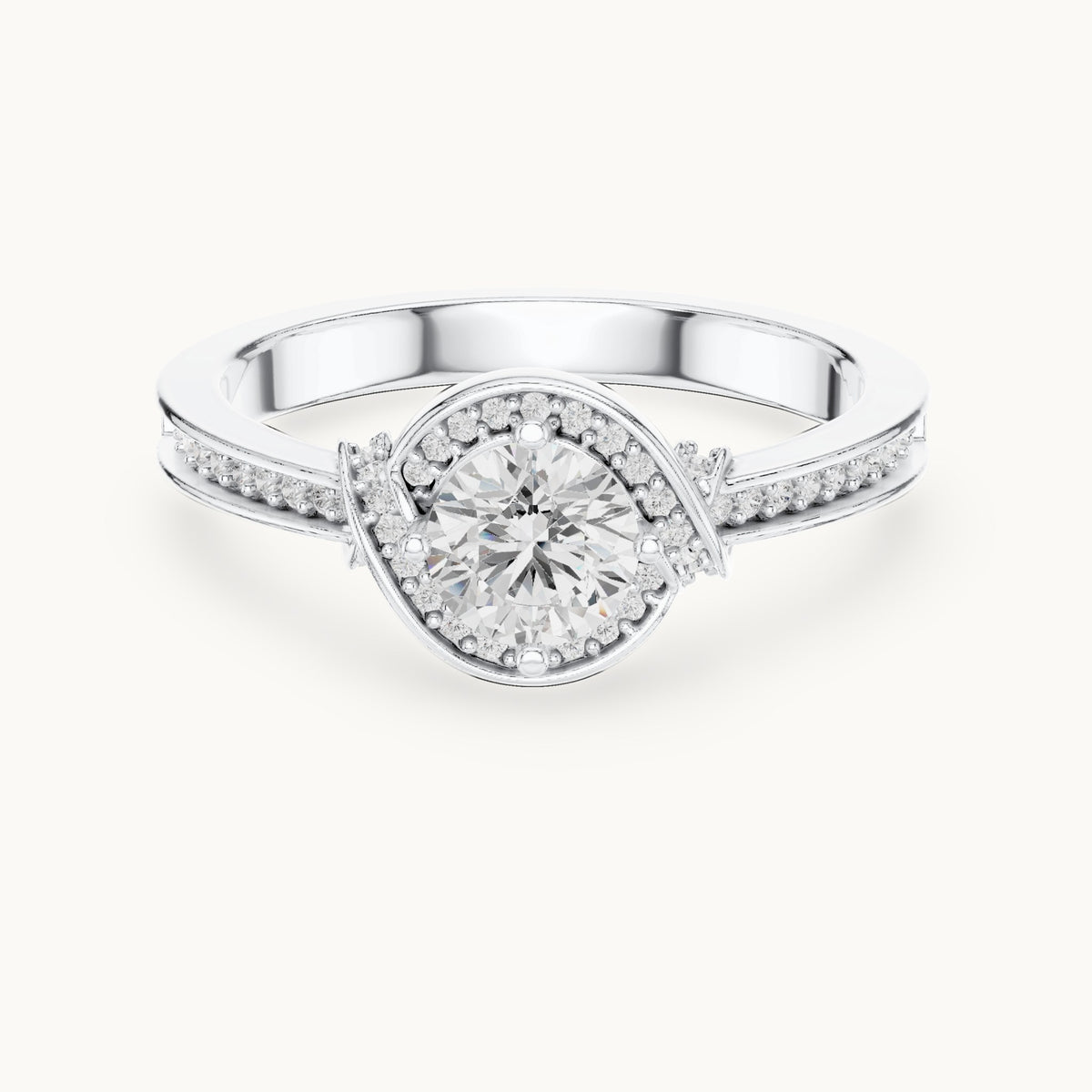 Round lab-grown diamond swirl halo engagement ring in white gold, 0.83 CT TW, view 4