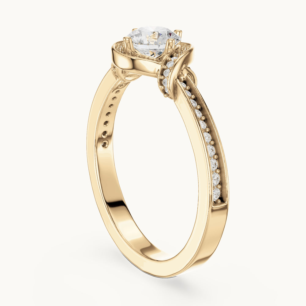 Round lab-grown diamond swirl halo engagement ring in yellow gold, 0.83 CT TW, view 1