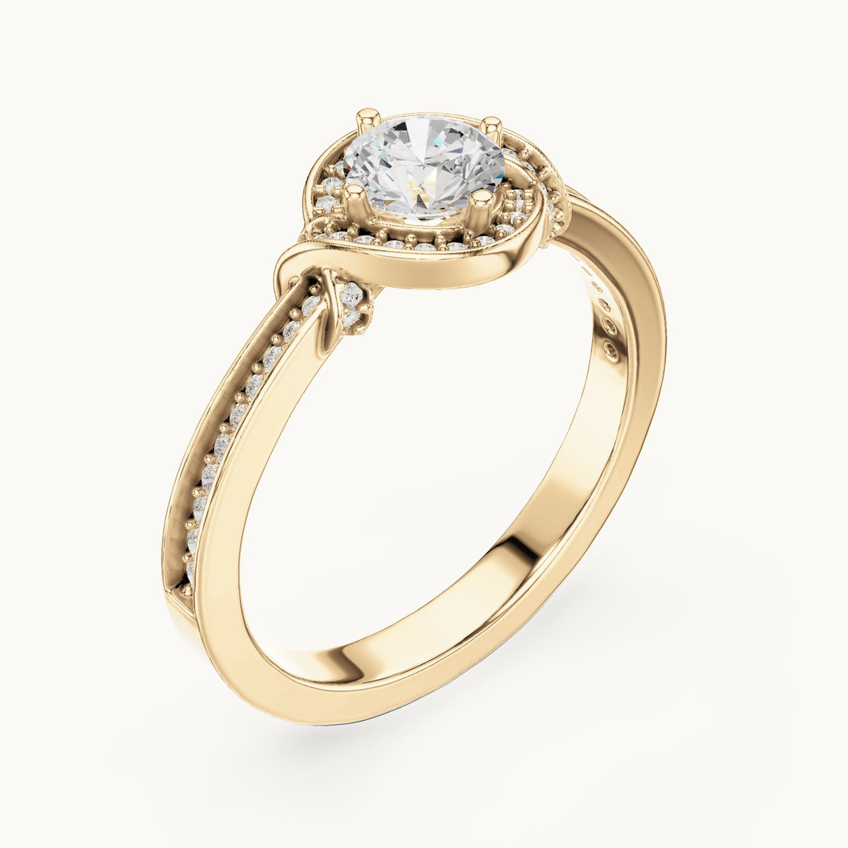 Round lab-grown diamond swirl halo engagement ring in yellow gold, 0.83 CT TW, view 2