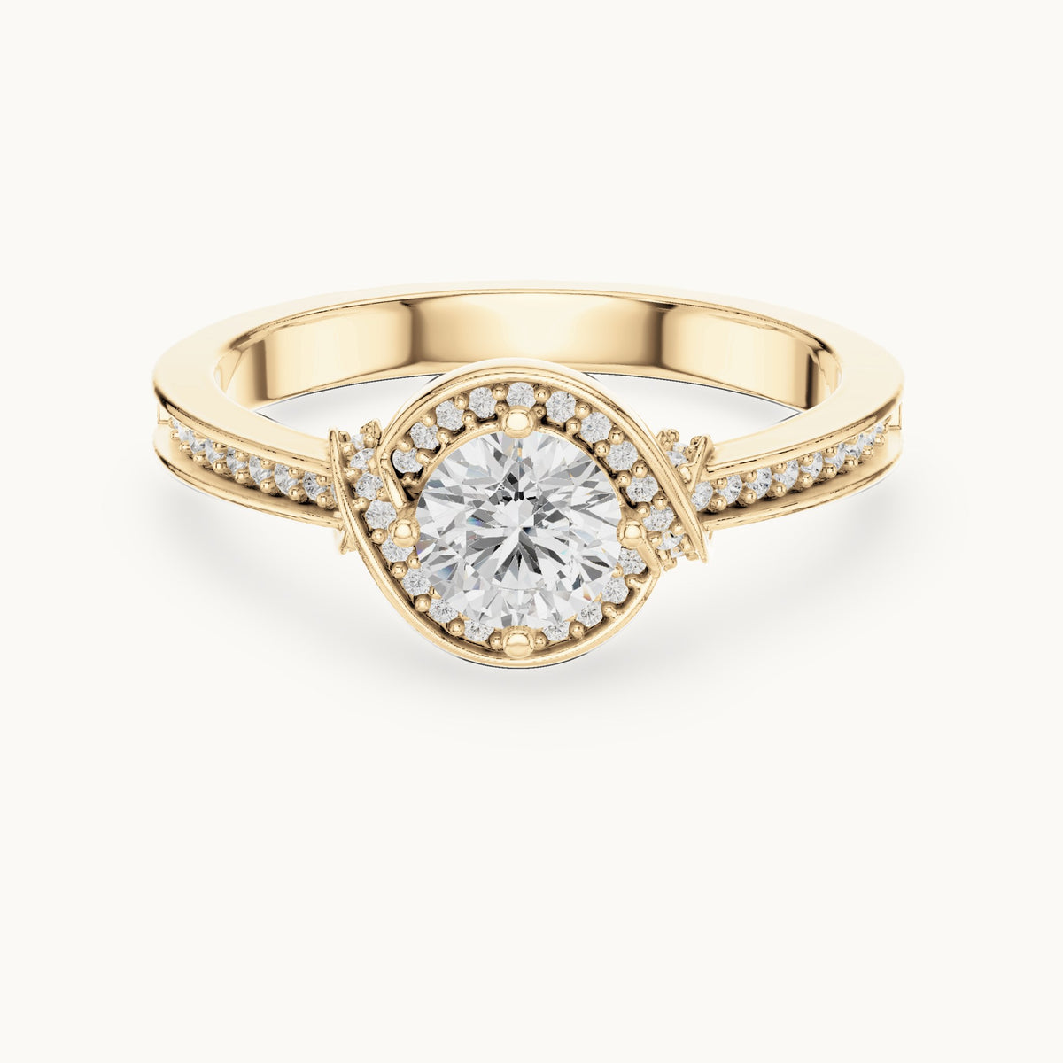 Round lab-grown diamond swirl halo engagement ring in yellow gold, 0.83 CT TW, view 4