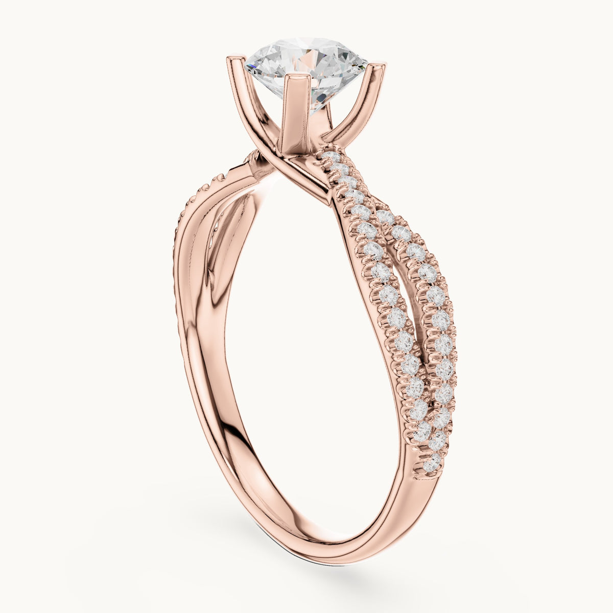 Round lab-grown diamond crossover pavé engagement ring in rose gold, 1.07 CT TW, view 1