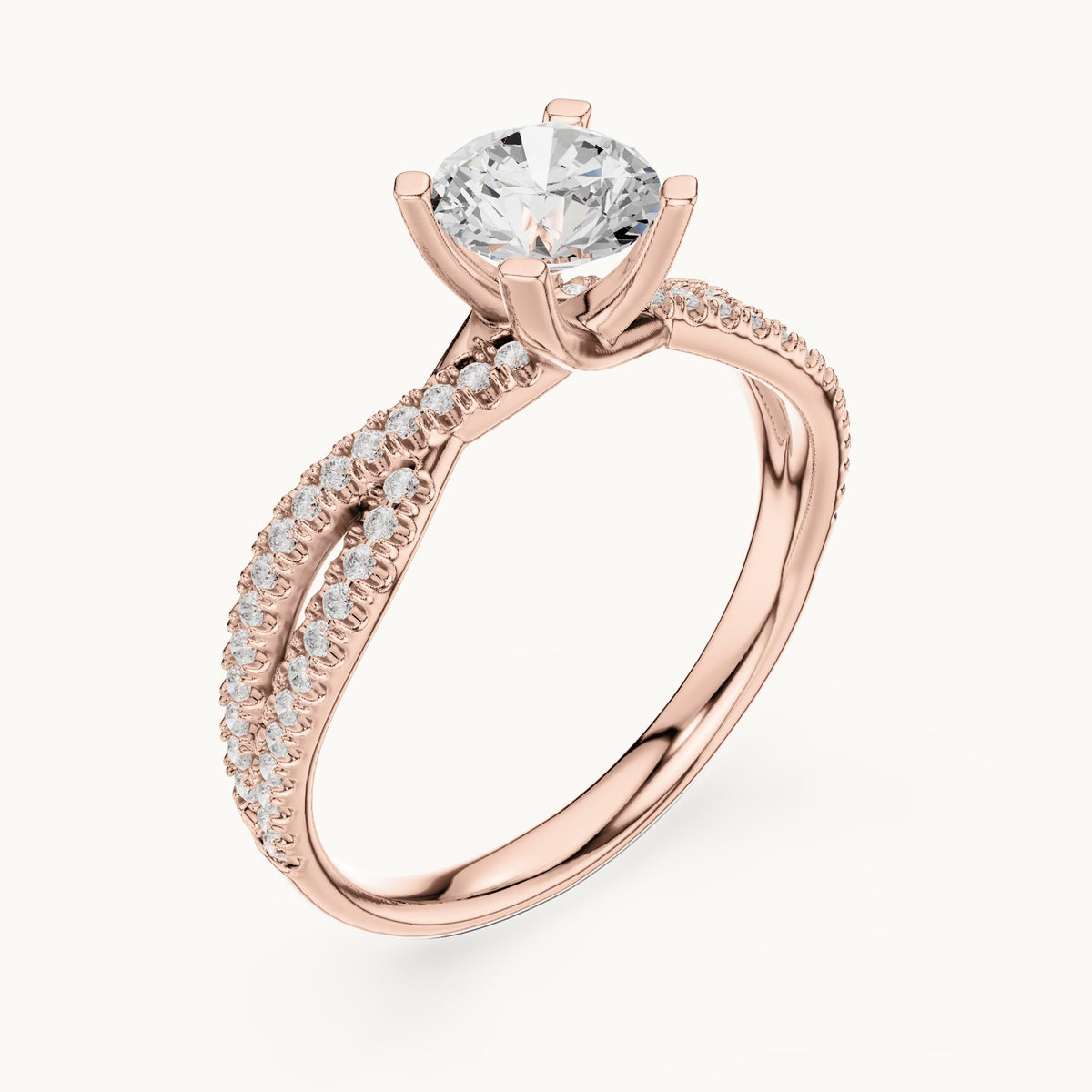 Round lab-grown diamond crossover pavé engagement ring in rose gold, 1.07 CT TW, view 2