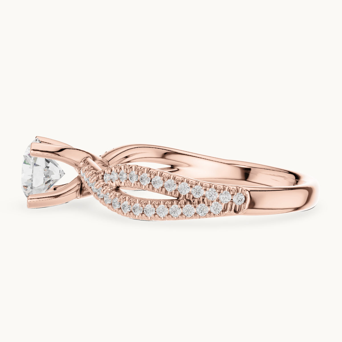 Round lab-grown diamond crossover pavé engagement ring in rose gold, 1.07 CT TW, view 3