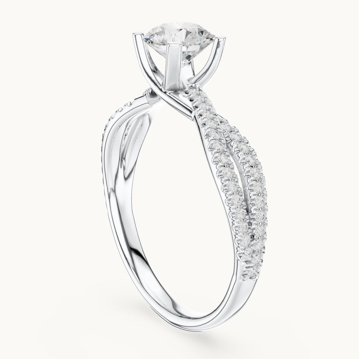 Round lab-grown diamond crossover pavé engagement ring in white gold, 1.07 CT TW, view 1