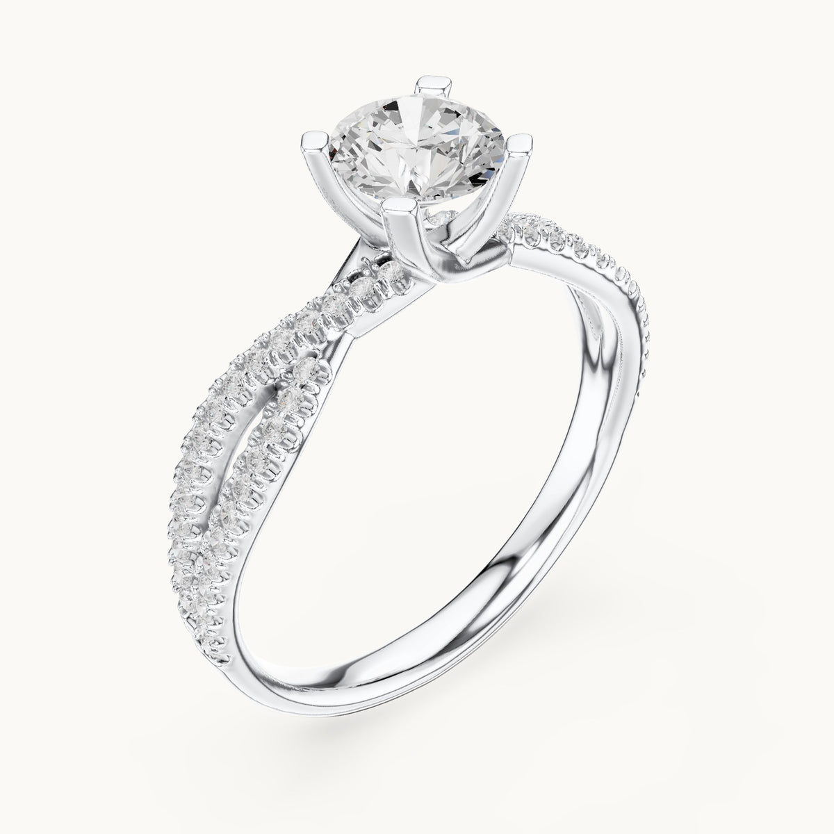 Round lab-grown diamond crossover pavé engagement ring in white gold, 1.07 CT TW, view 2