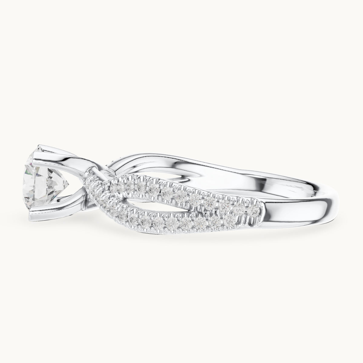 Round lab-grown diamond crossover pavé engagement ring in white gold, 1.07 CT TW, view 3