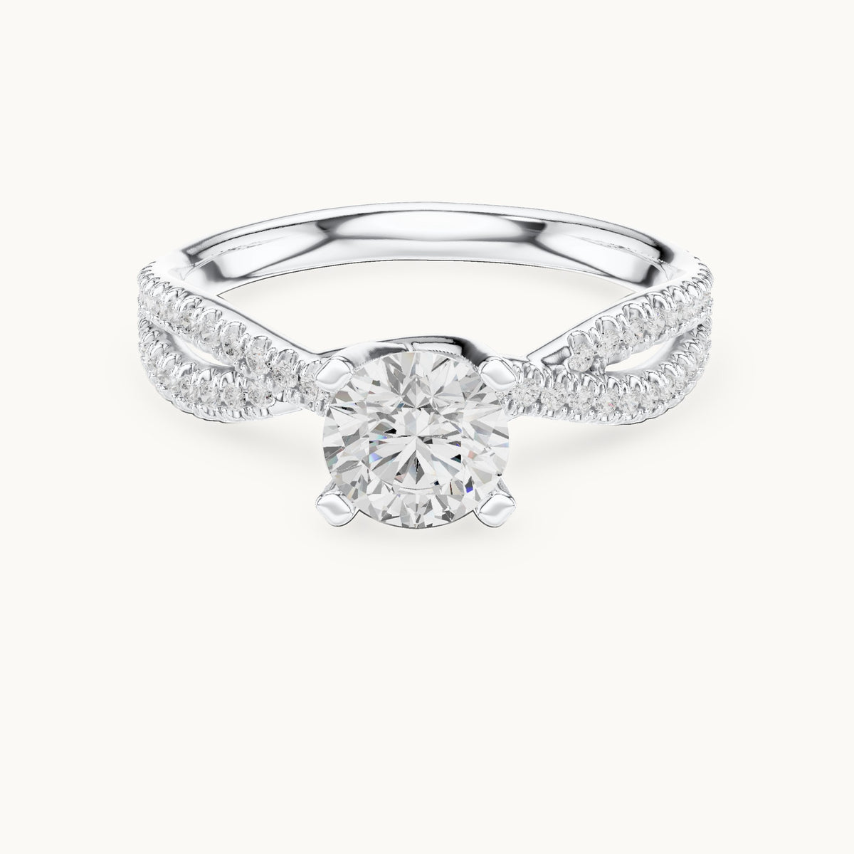 Round lab-grown diamond crossover pavé engagement ring in white gold, 1.07 CT TW, view 4