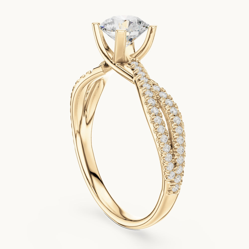 Round lab-grown diamond crossover pavé engagement ring in yellow gold, 1.07 CT TW, view 1