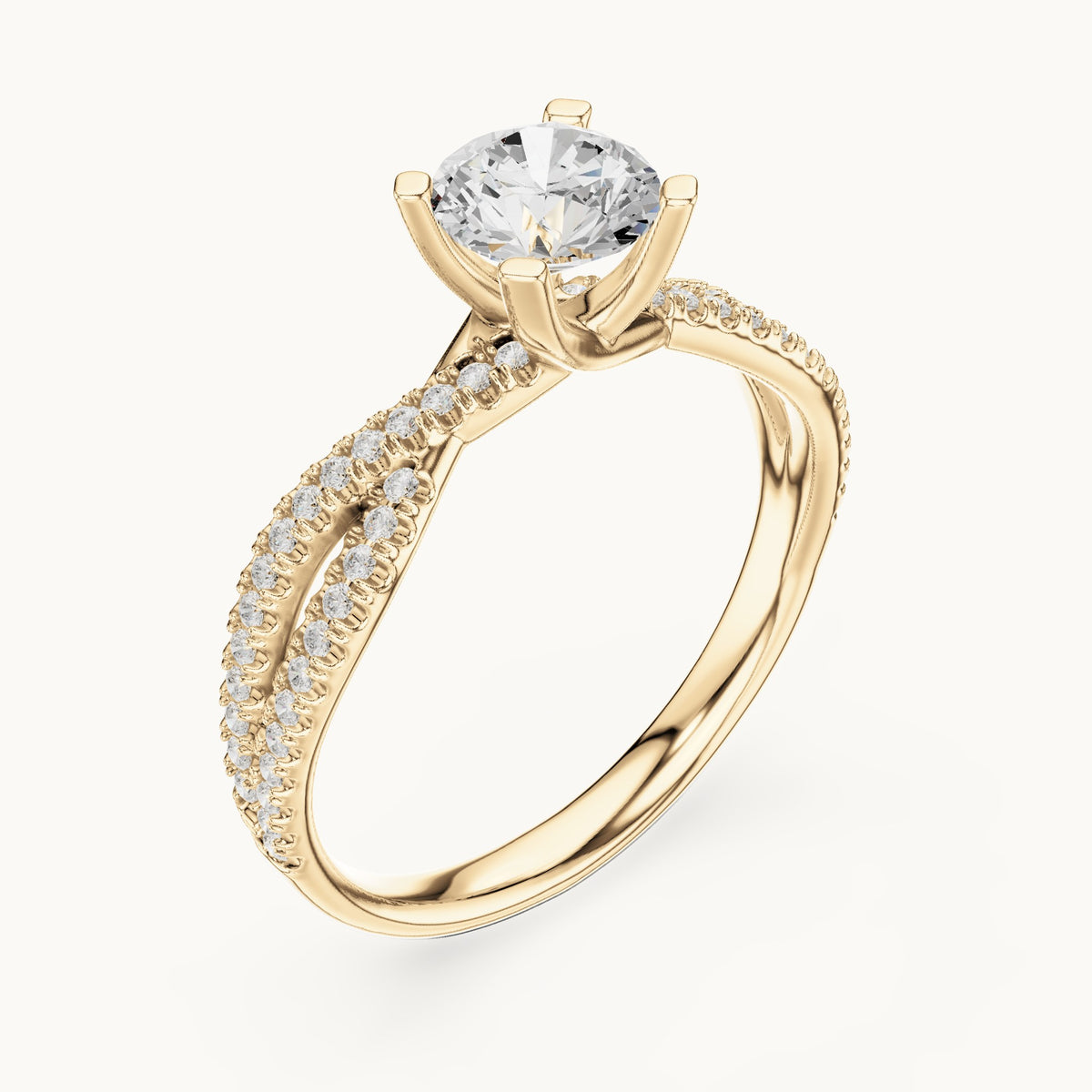 Round lab-grown diamond crossover pavé engagement ring in yellow gold, 1.07 CT TW, view 2
