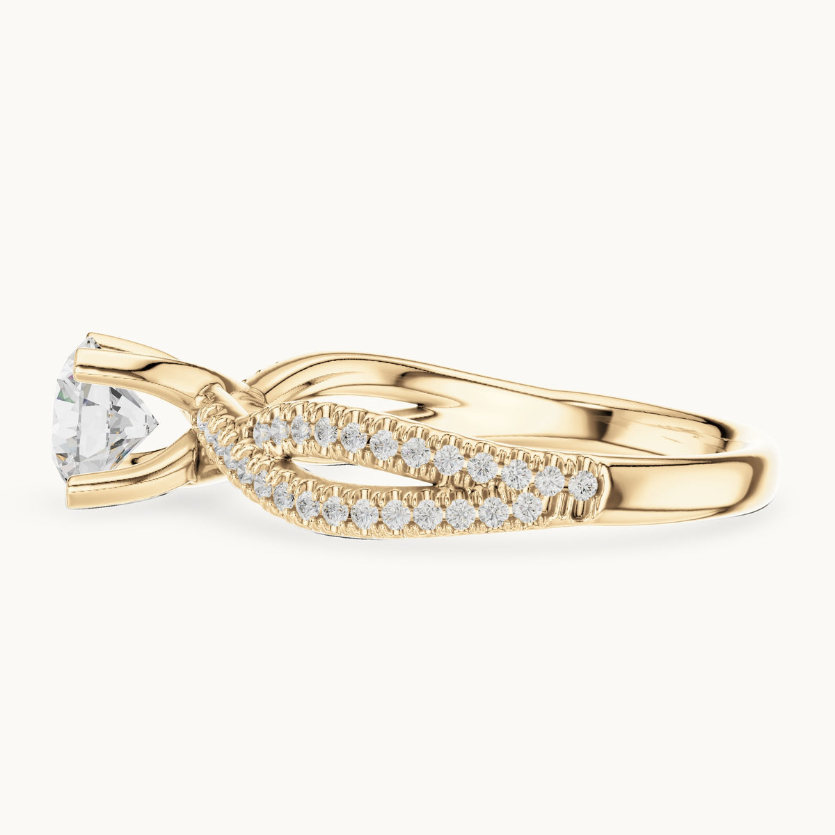 Round lab-grown diamond crossover pavé engagement ring in yellow gold, 1.07 CT TW, view 3