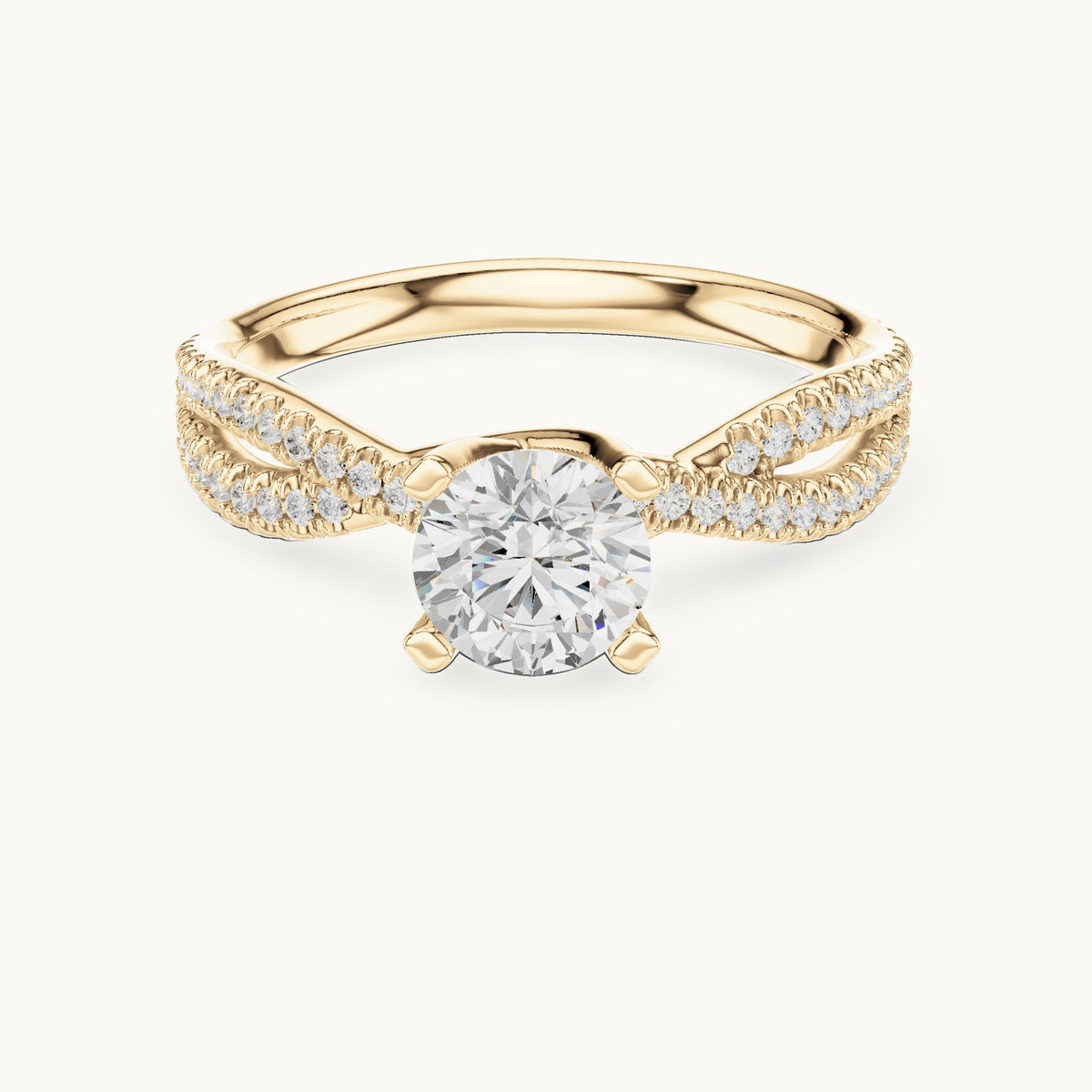 Round lab-grown diamond crossover pavé engagement ring in yellow gold, 1.07 CT TW, view 4