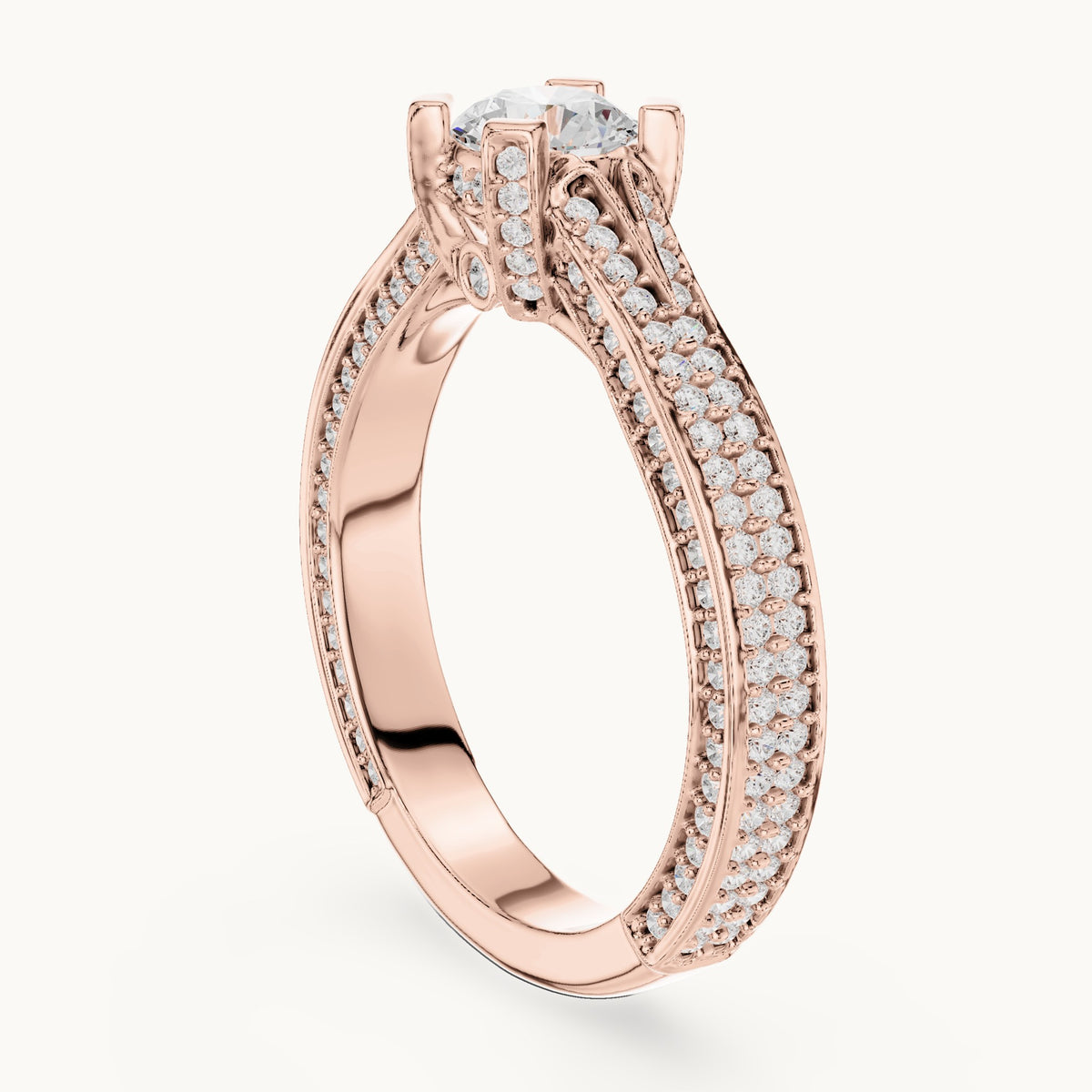 Round lab-grown diamond wide pavé cathedral engagement ring in rose gold, 1.502 CT TW, view 1