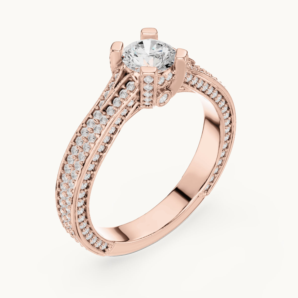 Round lab-grown diamond wide pavé cathedral engagement ring in rose gold, 1.502 CT TW, view 2