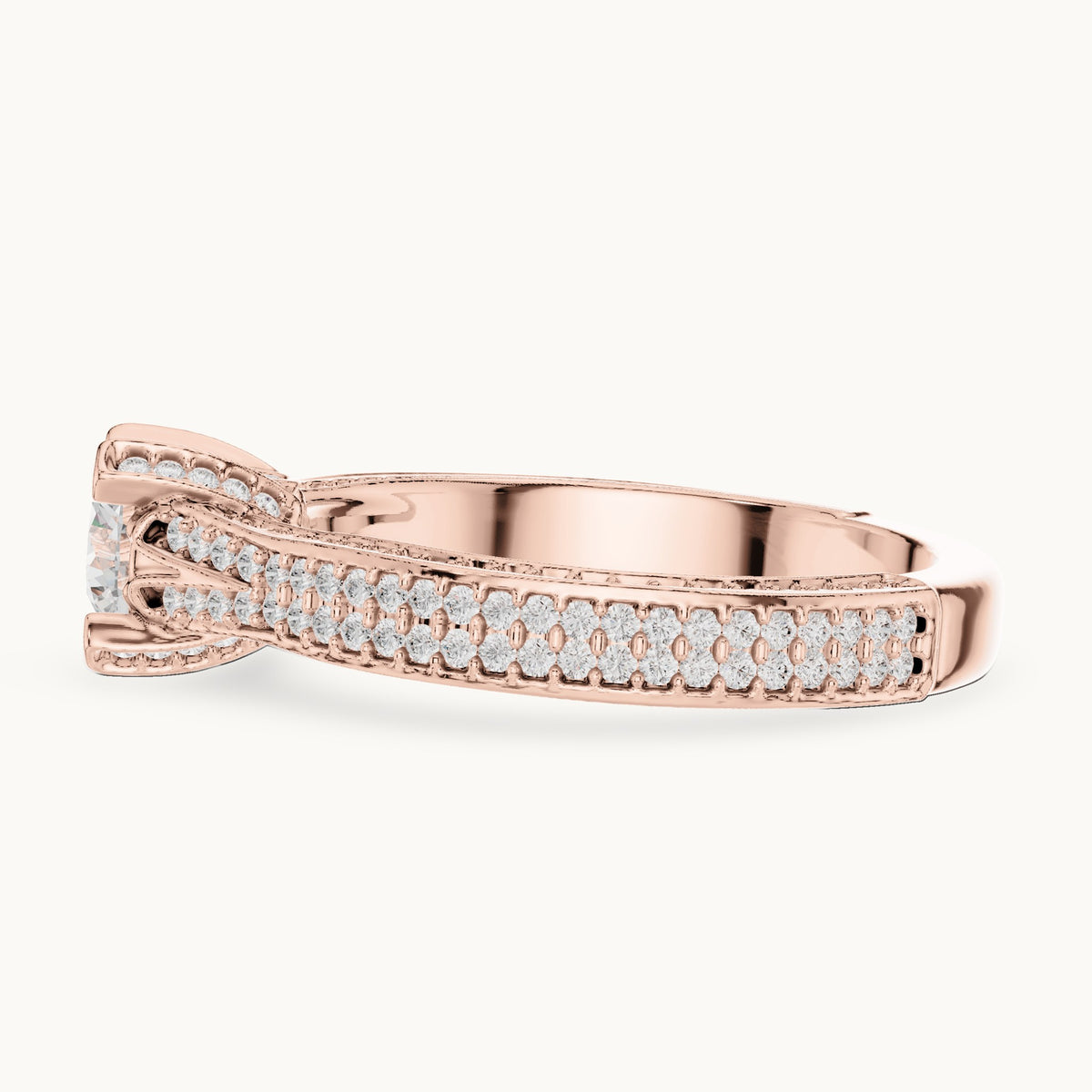 Round lab-grown diamond wide pavé cathedral engagement ring in rose gold, 1.502 CT TW, view 3