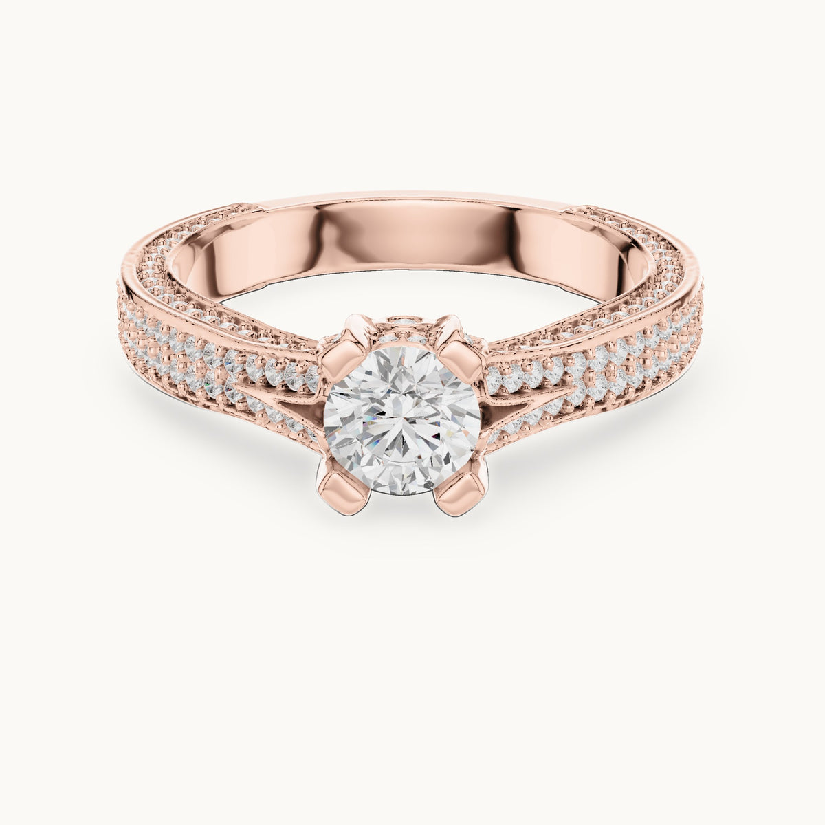 Round lab-grown diamond wide pavé cathedral engagement ring in rose gold, 1.502 CT TW, view 4