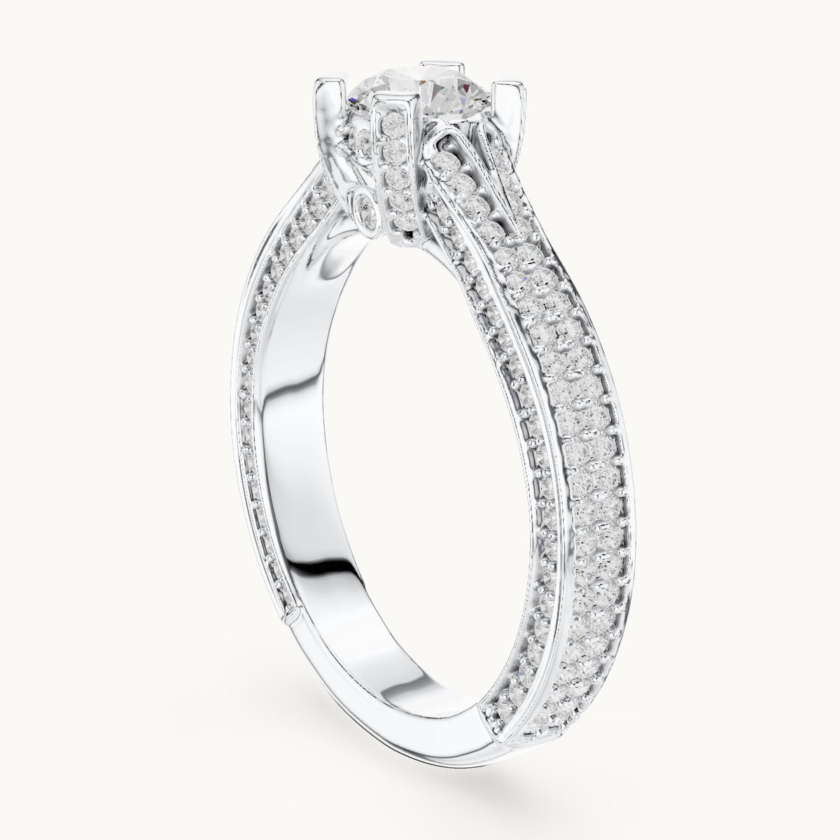 Round lab-grown diamond wide pavé cathedral engagement ring in white gold, 1.502 CT TW, view 1