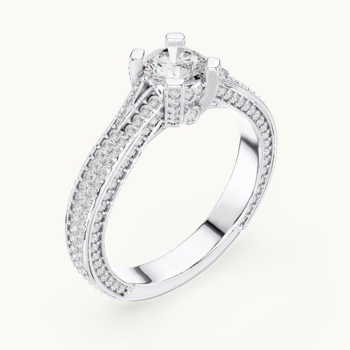Round lab-grown diamond wide pavé cathedral engagement ring in white gold, 1.502 CT TW, view 2