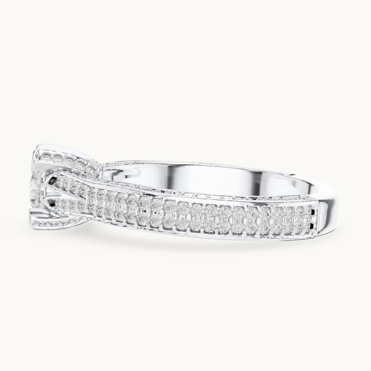 Round lab-grown diamond wide pavé cathedral engagement ring in white gold, 1.502 CT TW, view 3