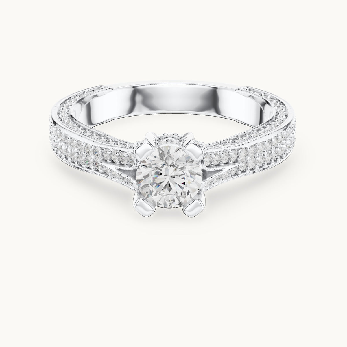 Round lab-grown diamond wide pavé cathedral engagement ring in white gold, 1.502 CT TW, view 4