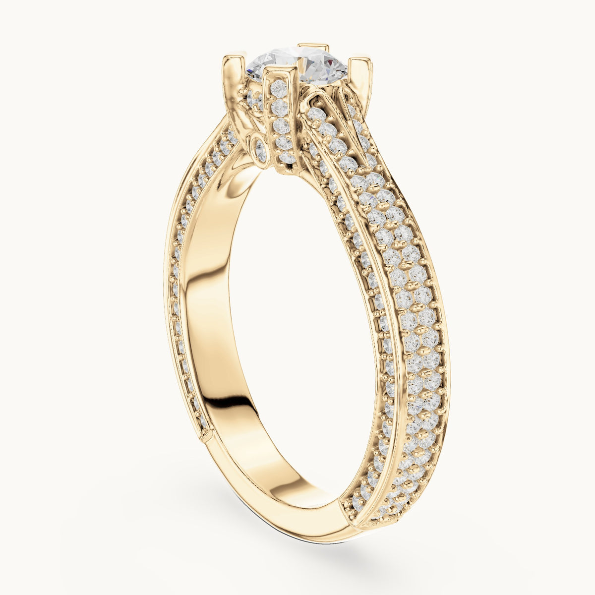 Round lab-grown diamond wide pavé cathedral engagement ring in yellow gold, 1.502 CT TW, view 1
