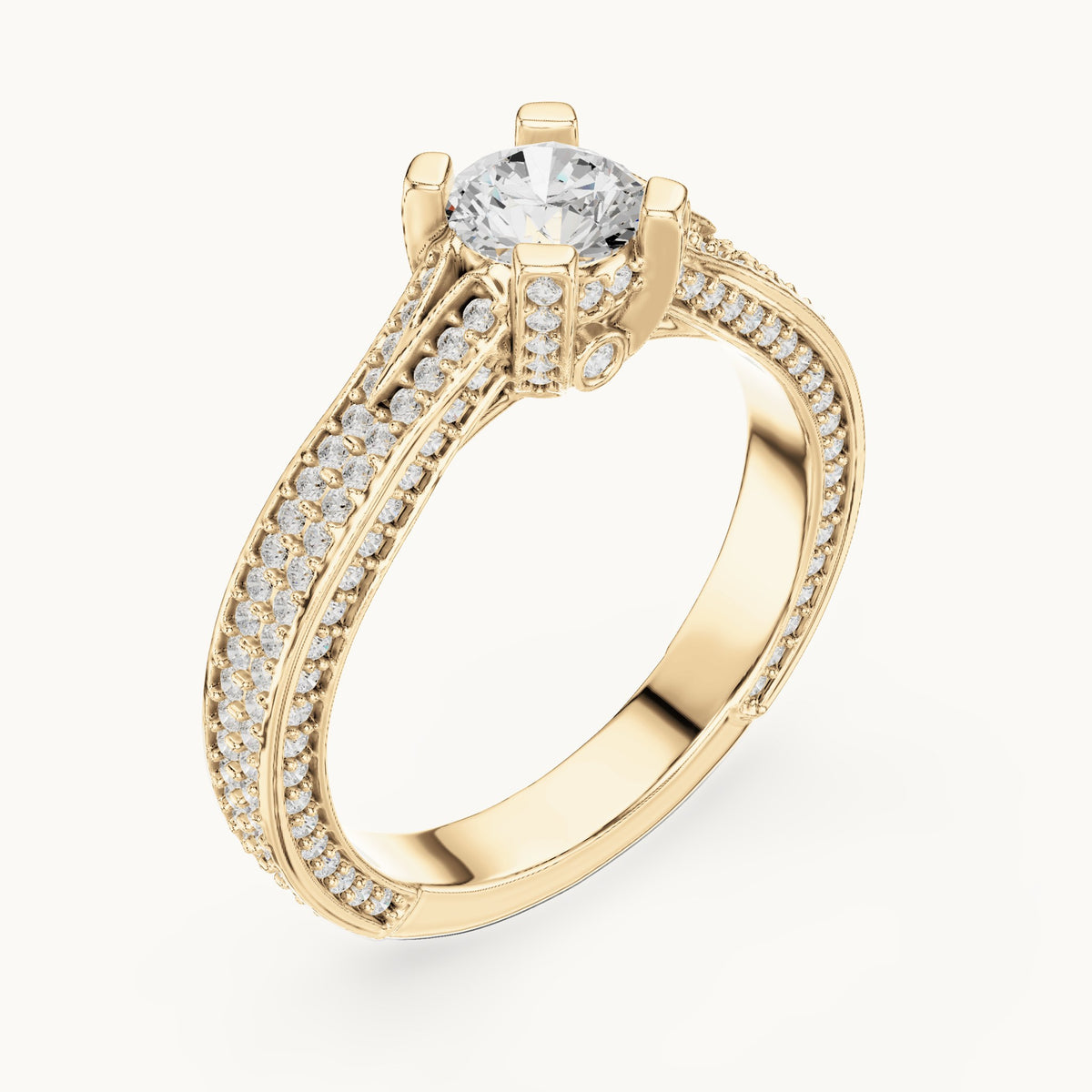 Round lab-grown diamond wide pavé cathedral engagement ring in yellow gold, 1.502 CT TW, view 2