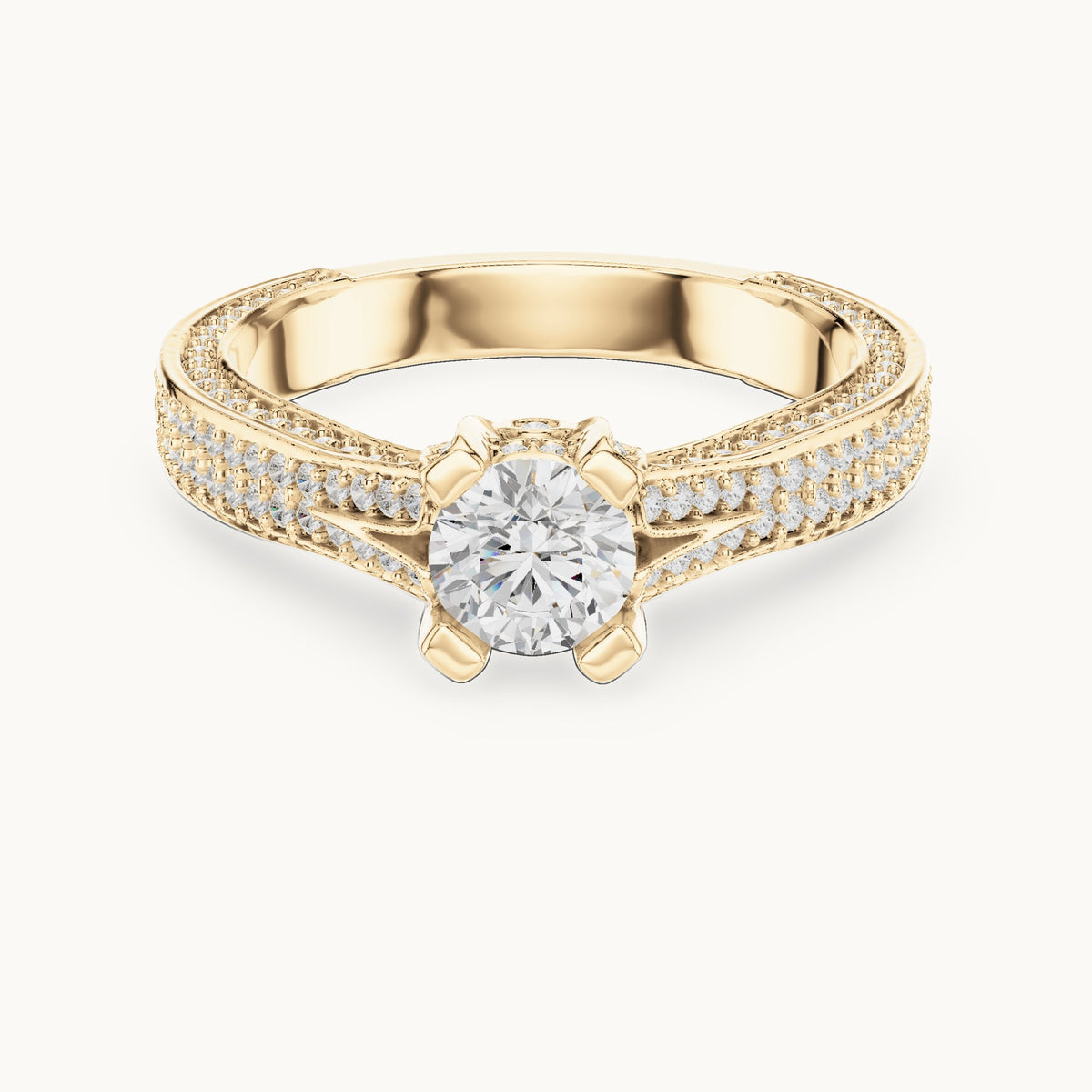 Round lab-grown diamond wide pavé cathedral engagement ring in yellow gold, 1.502 CT TW, view 4