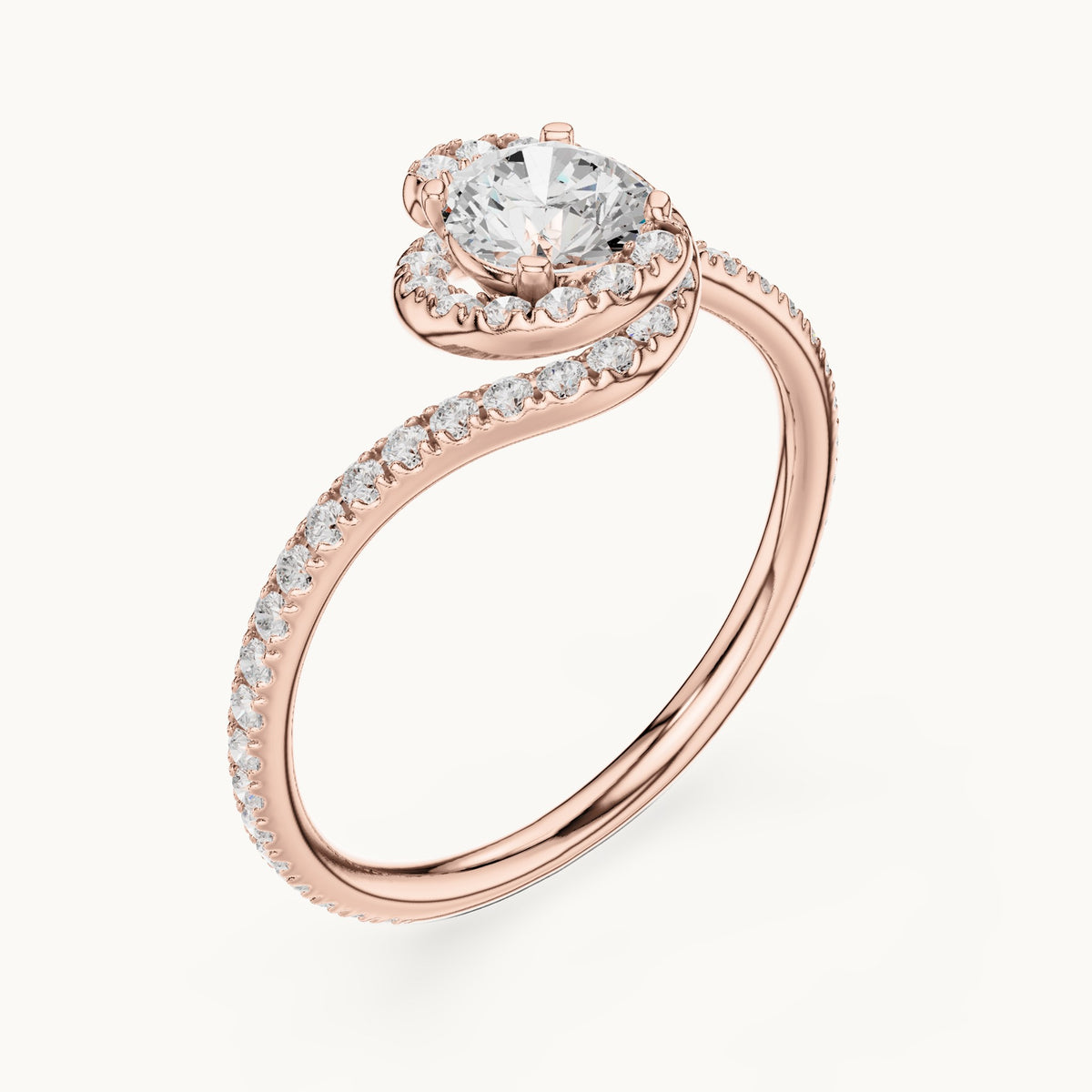 Round lab-grown diamond swirl engagement ring in rose gold, 0.97 CT TW, view 2