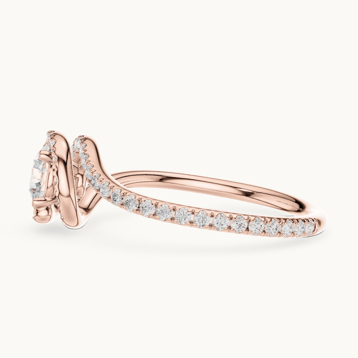 Round lab-grown diamond swirl engagement ring in rose gold, 0.97 CT TW, view 3
