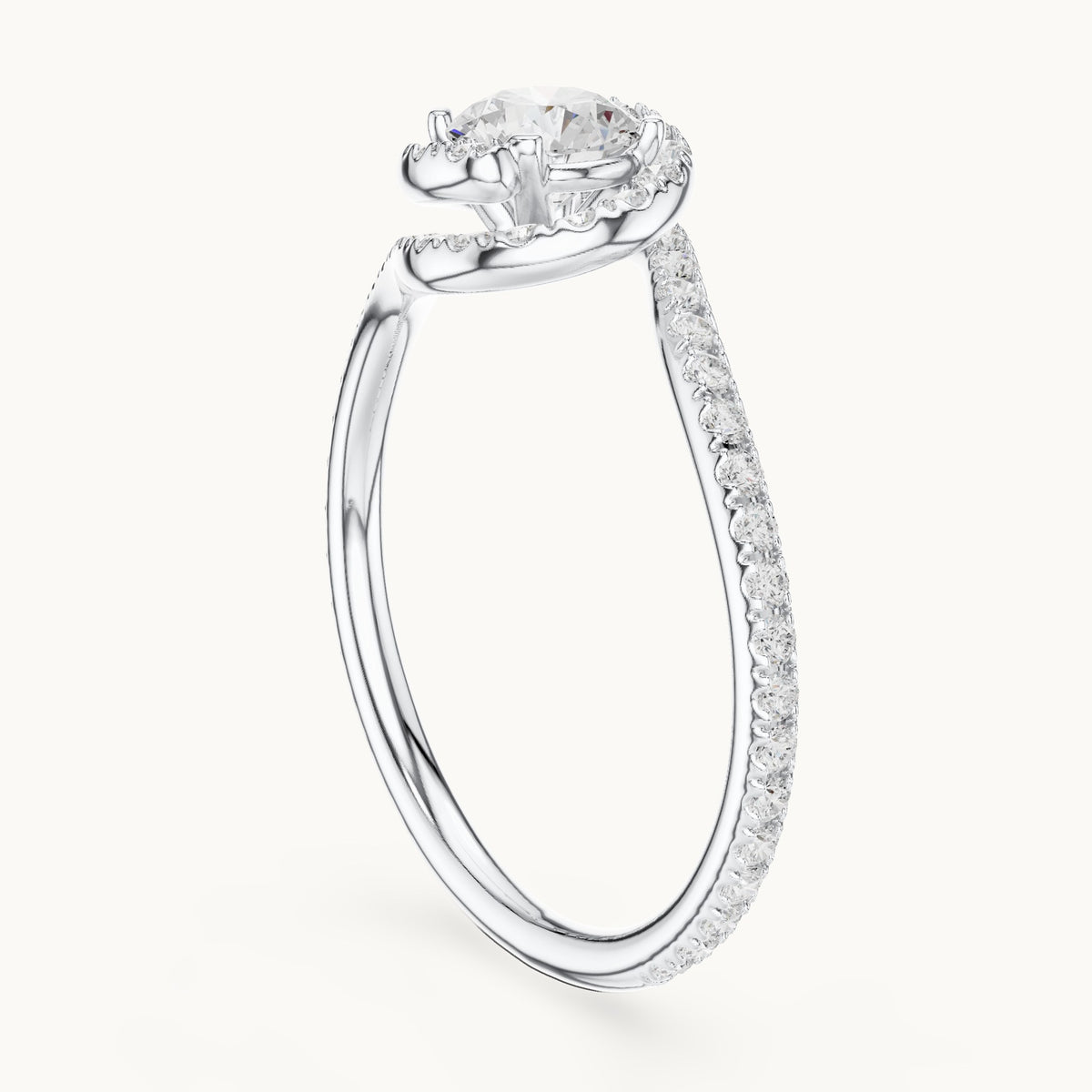 Round lab-grown diamond swirl engagement ring in white gold, 0.97 CT TW, view 1