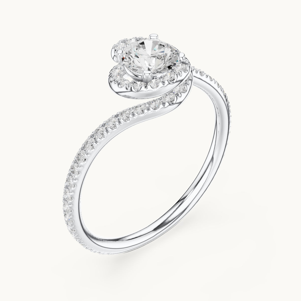 Round lab-grown diamond swirl engagement ring in white gold, 0.97 CT TW, view 2