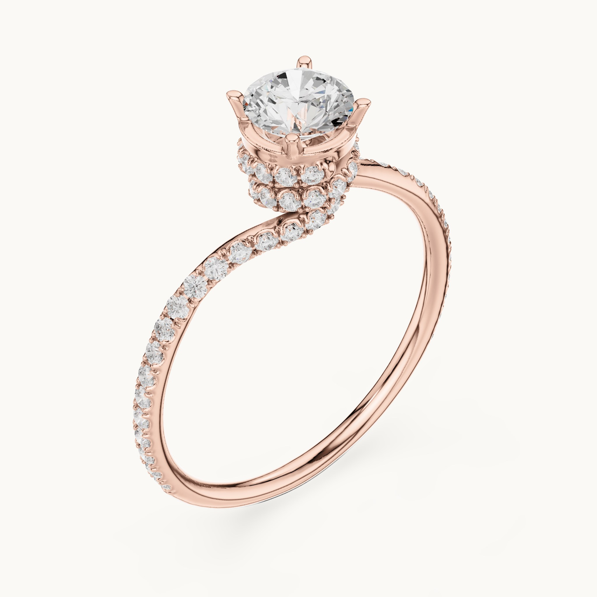 Round lab-grown diamond swirl pavé engagement ring in 14K rose gold, 0.84 CT TW, view 2