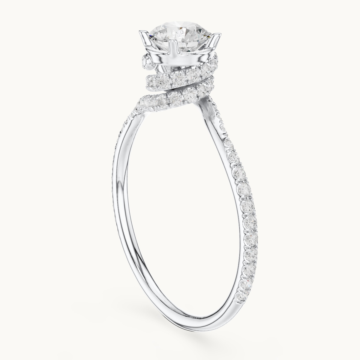 Round lab-grown diamond swirl pavé engagement ring in 14K white gold, 0.84 CT TW, view 1