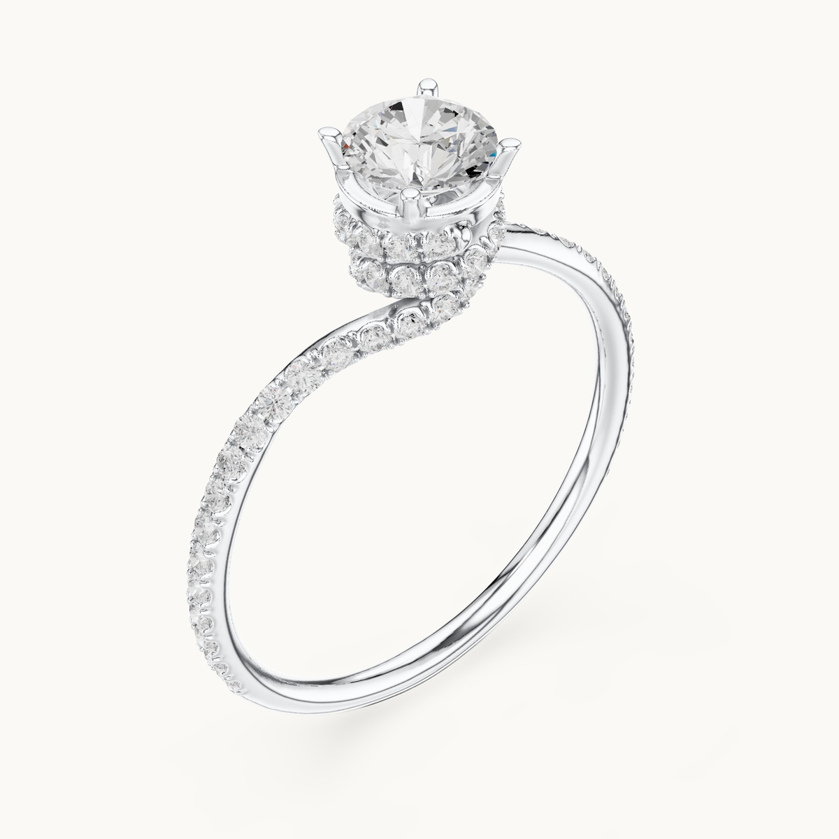 Round lab-grown diamond swirl pavé engagement ring in 14K white gold, 0.84 CT TW, view 2