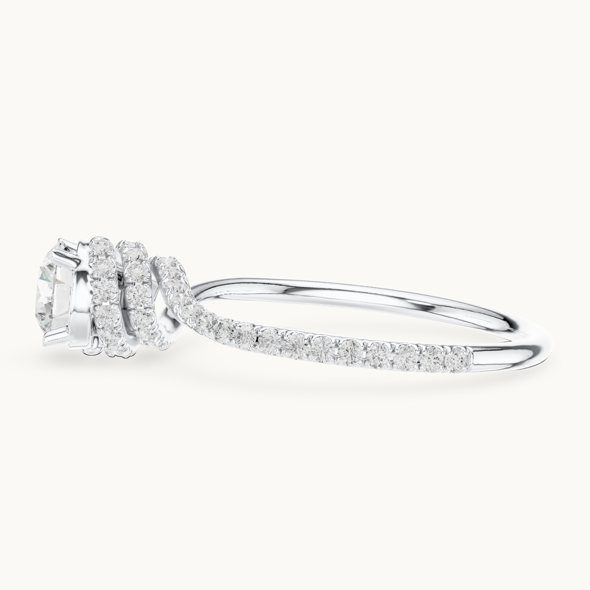 Round lab-grown diamond swirl pavé engagement ring in 14K white gold, 0.84 CT TW, view 3
