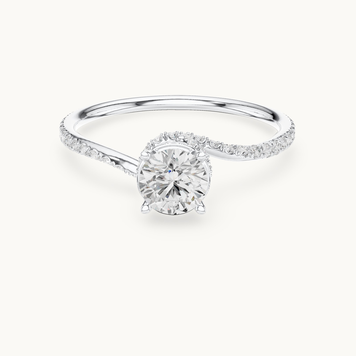 Round lab-grown diamond swirl pavé engagement ring in 14K white gold, 0.84 CT TW, view 4