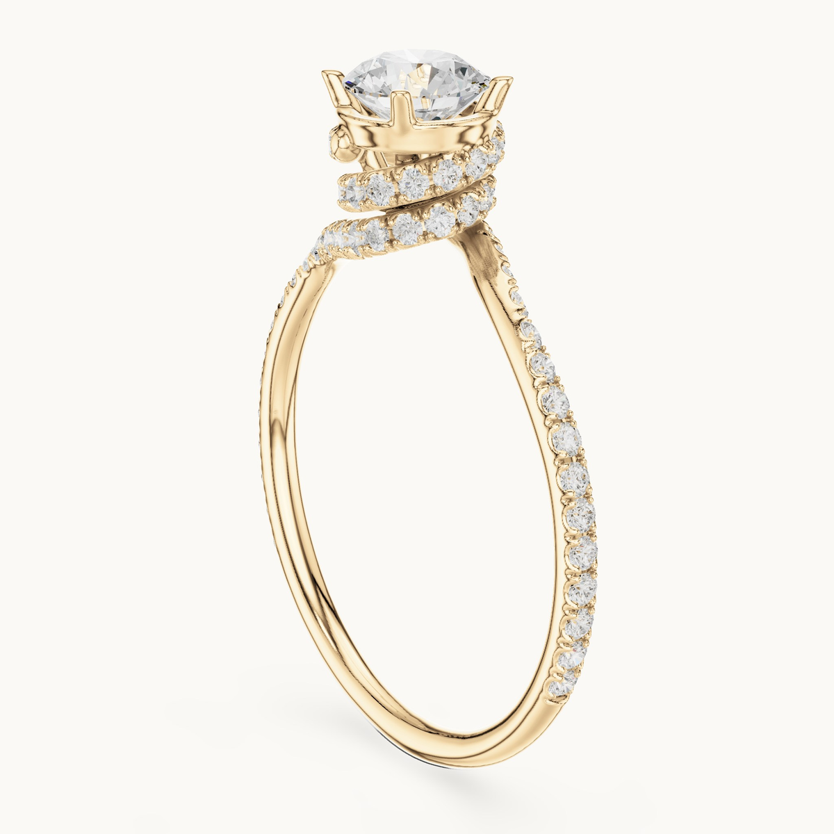 Round lab-grown diamond swirl pavé engagement ring in 14K yellow gold, 0.84 CT TW, view 1