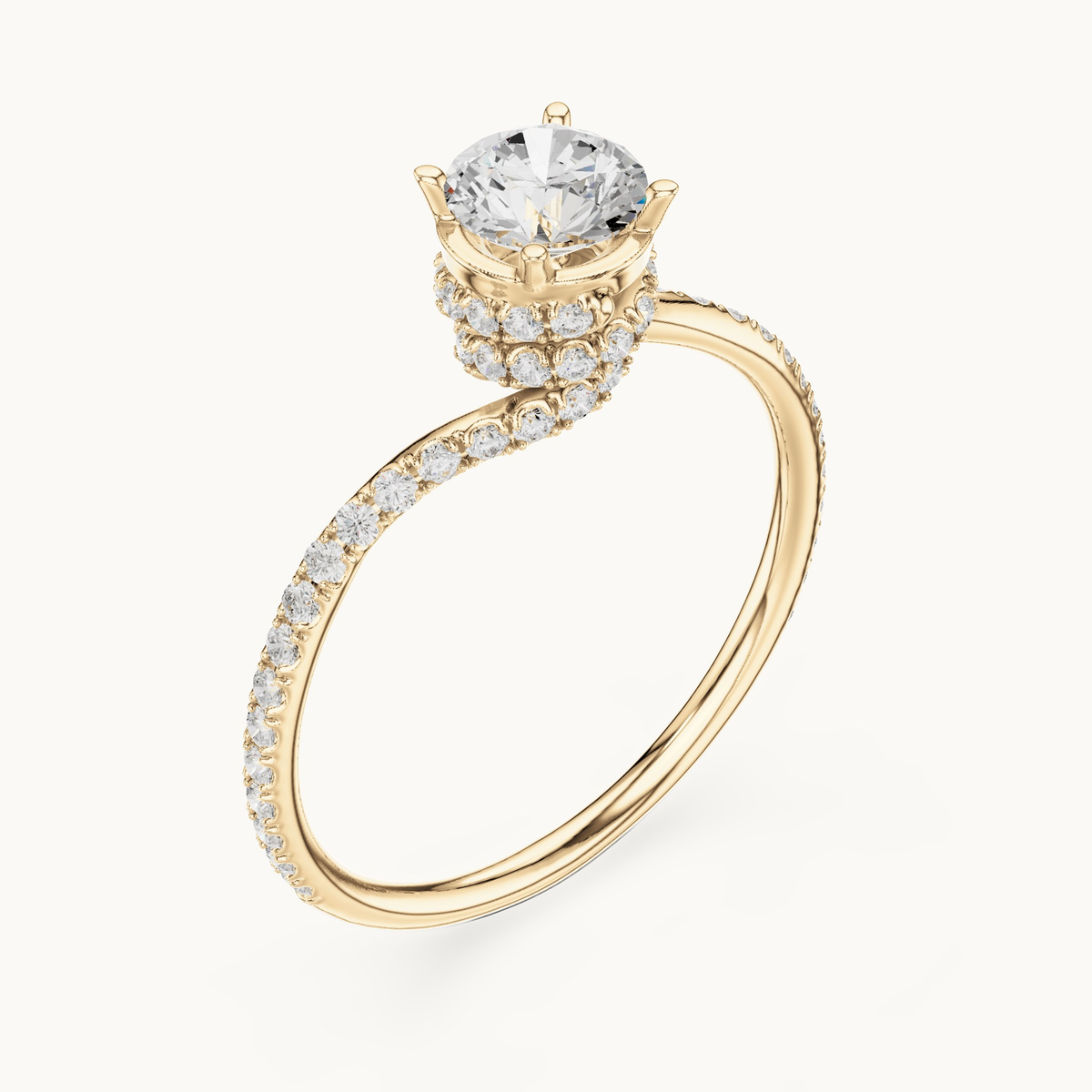 Round lab-grown diamond swirl pavé engagement ring in 14K yellow gold, 0.84 CT TW, view 2
