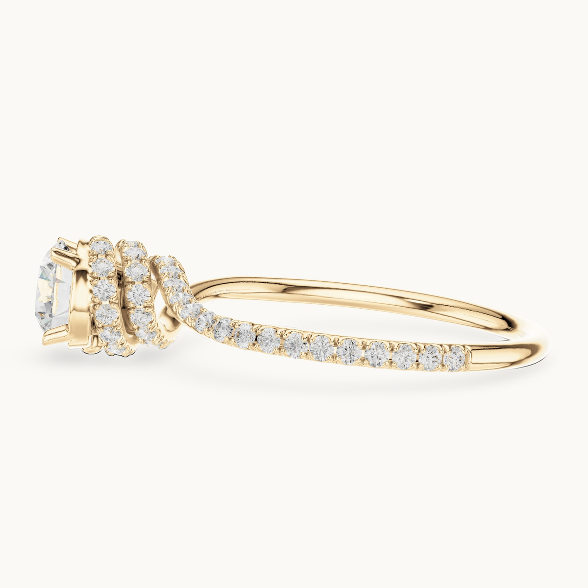 Round lab-grown diamond swirl pavé engagement ring in 14K yellow gold, 0.84 CT TW, view 3